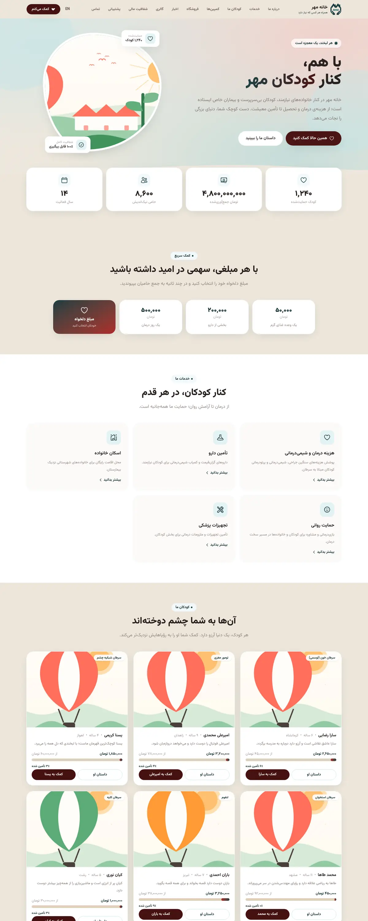 نمای کامل صفحه‌ی اول سایت خیریه‌ی خانه مهر روی دسکتاپ